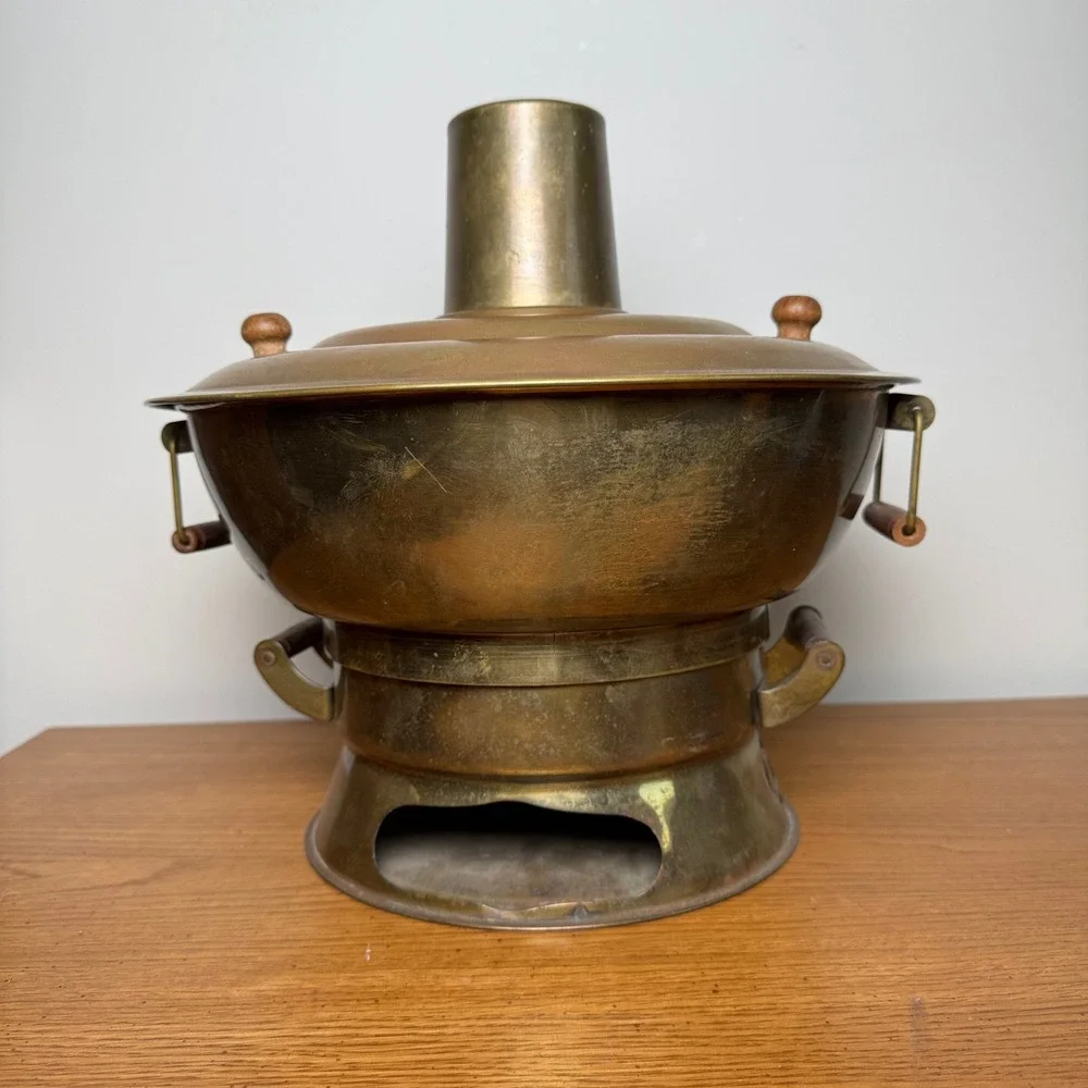 Vintage Tibetan Brass Hot Pot Stove Wooden Handles Fondue Soup‎ Warmer Steamer